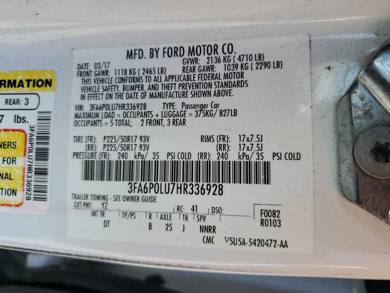 2017 Ford Fusion Se Hybrid VIN: 3FA6P0LU7HR336928 Lot: 70599805