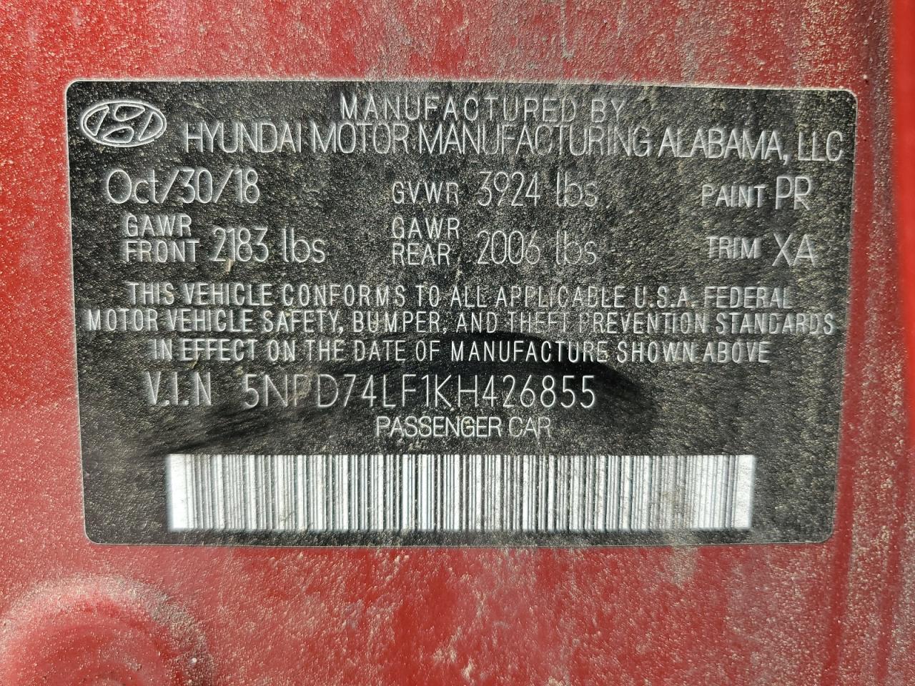 2019 Hyundai Elantra Se VIN: 5NPD74LF1KH426855 Lot: 70935935