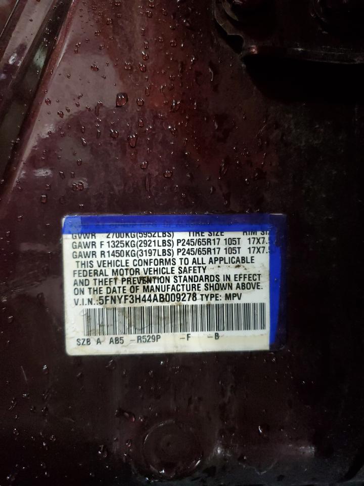 2010 Honda Pilot Ex VIN: 5FNYF3H44AB009278 Lot: 68390425