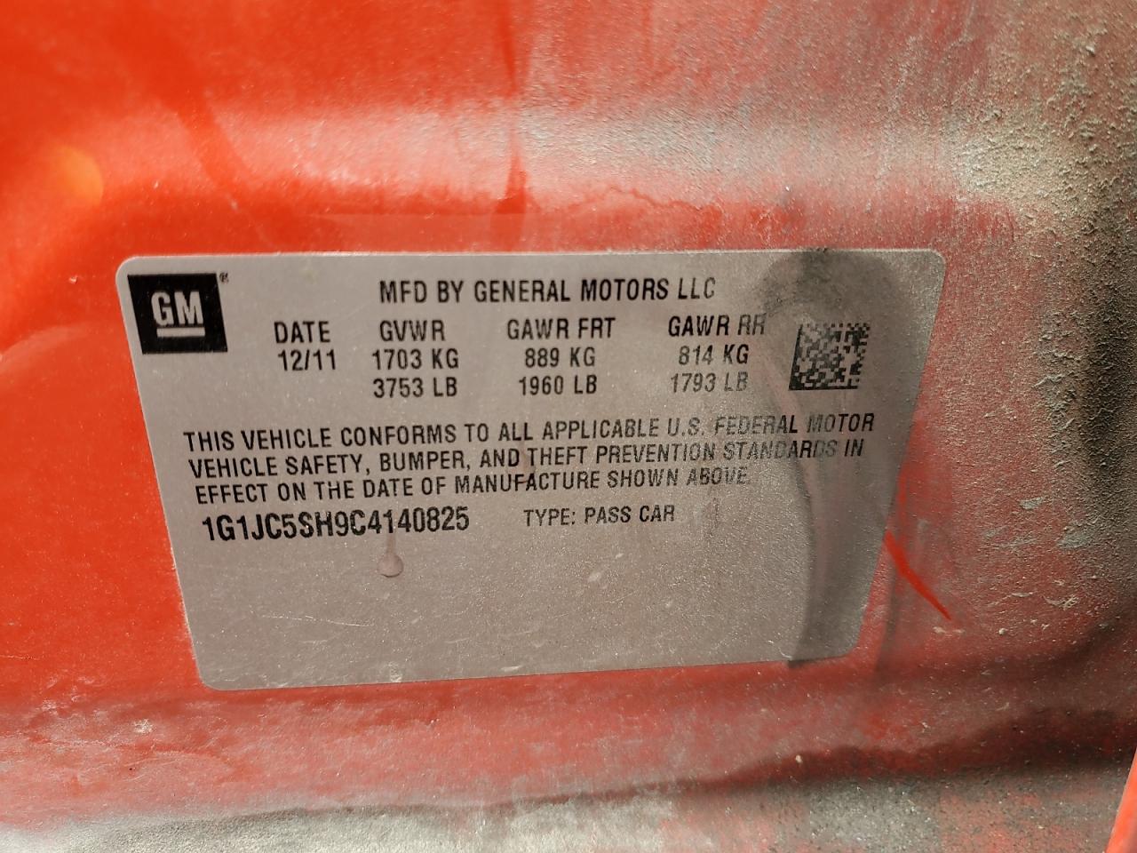 2012 Chevrolet Sonic Lt VIN: 1G1JC5SH9C4140825 Lot: 70483925