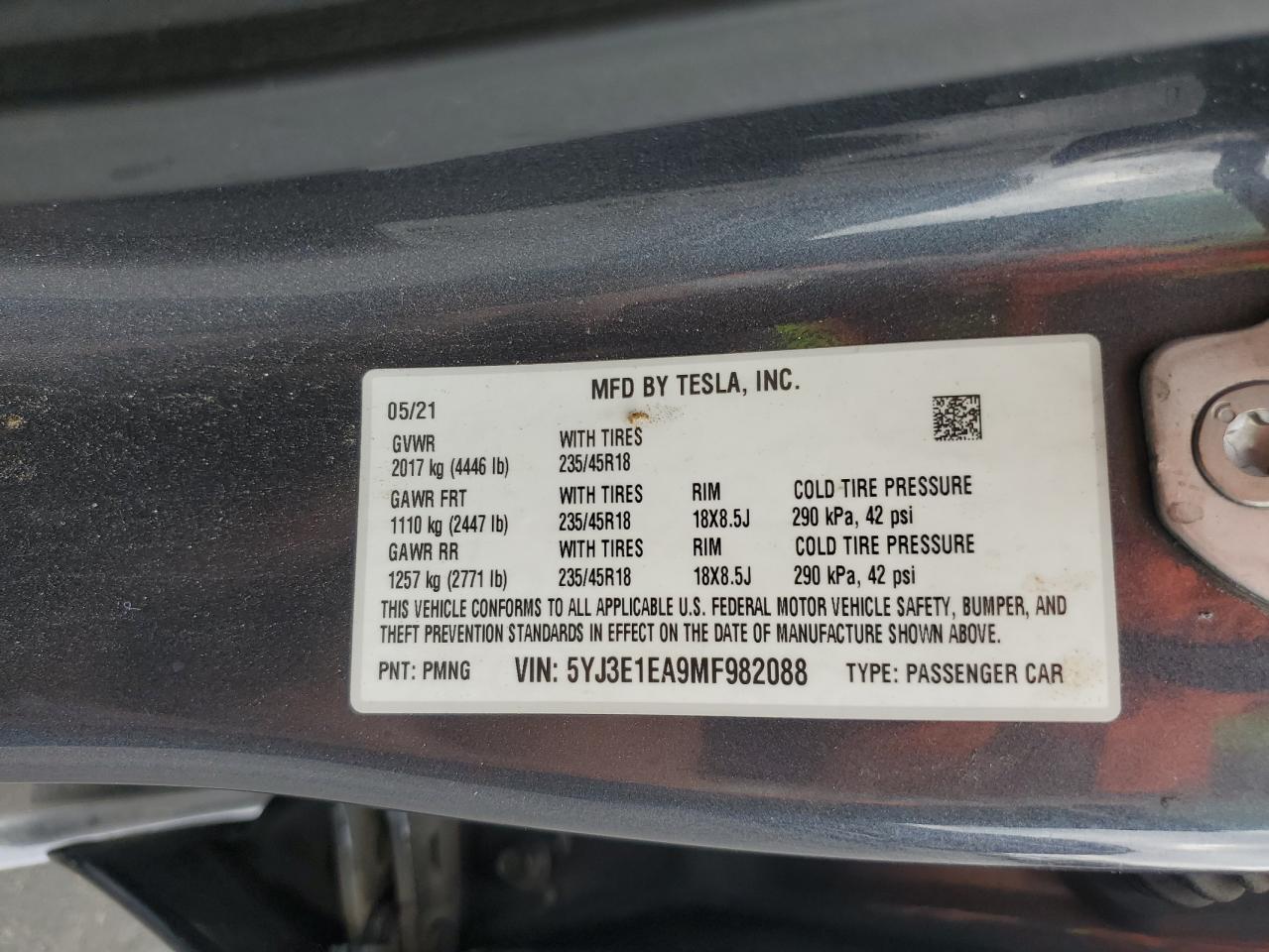 2021 Tesla Model 3 VIN: 5YJ3E1EA9MF982088 Lot: 70546435