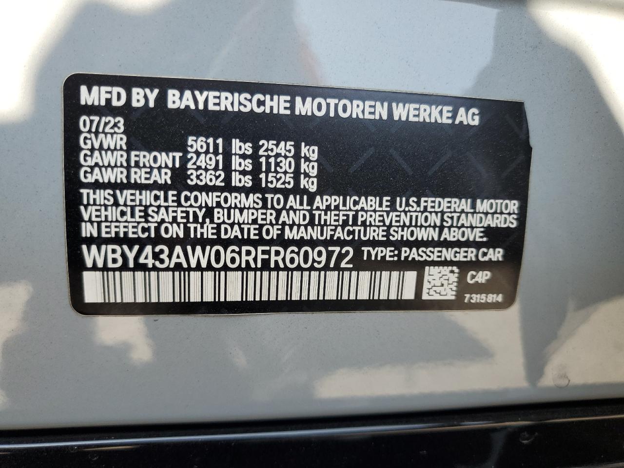 2024 BMW I4 Edrive 35 VIN: WBY43AW06RFR60972 Lot: 67265805