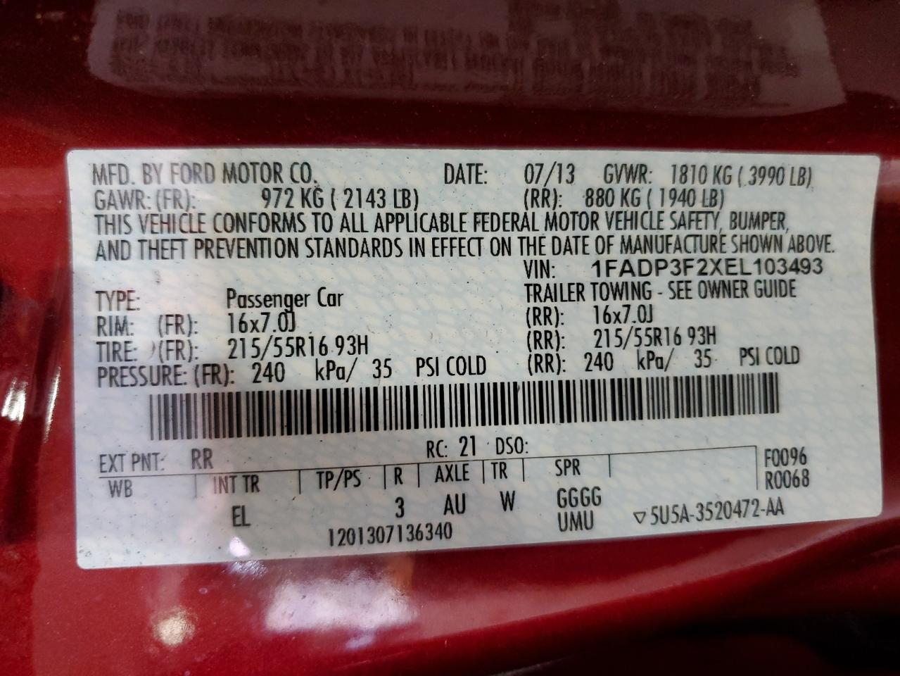 2014 Ford Focus Se VIN: 1FADP3F2XEL103493 Lot: 68545245