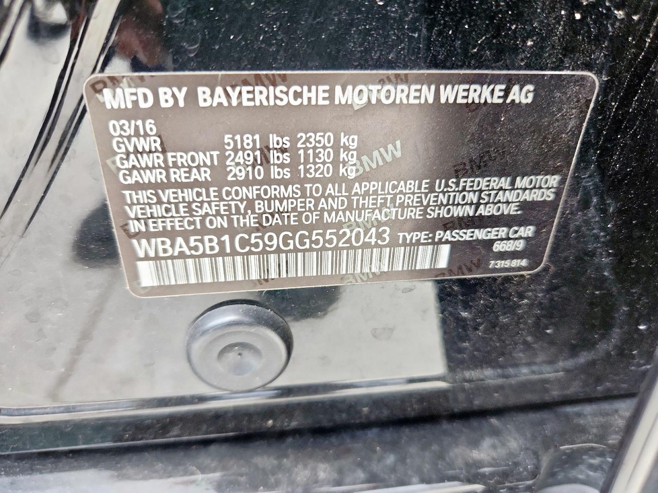 2016 BMW 535 I VIN: WBA5B1C59GG552043 Lot: 68011255