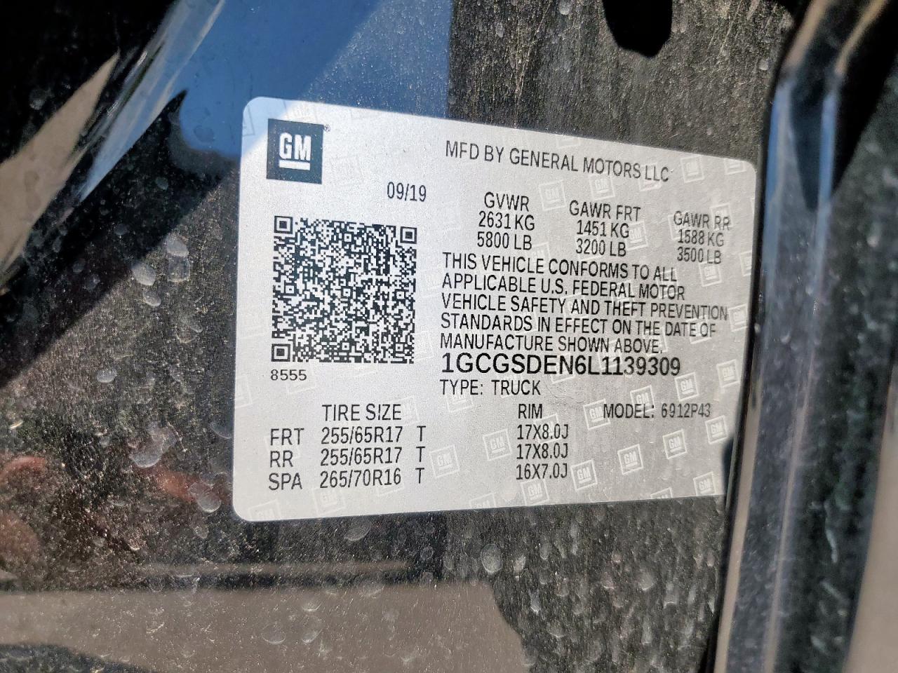2020 Chevrolet Colorado Z71 VIN: 1GCGSDEN6L1139309 Lot: 67850265