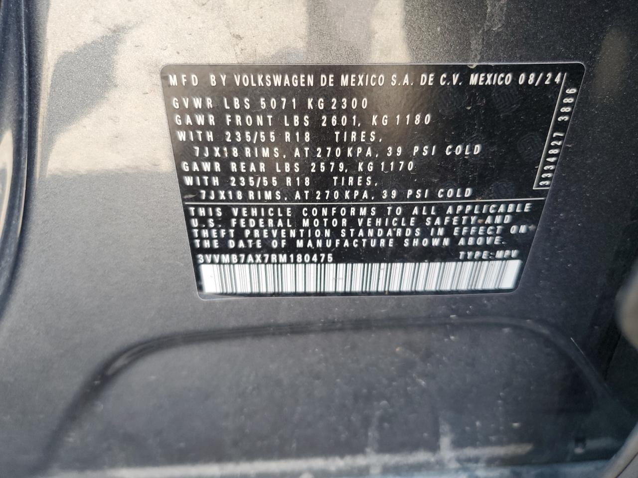 2024 Volkswagen Tiguan Se VIN: 3VVMB7AX7RM180475 Lot: 70137595