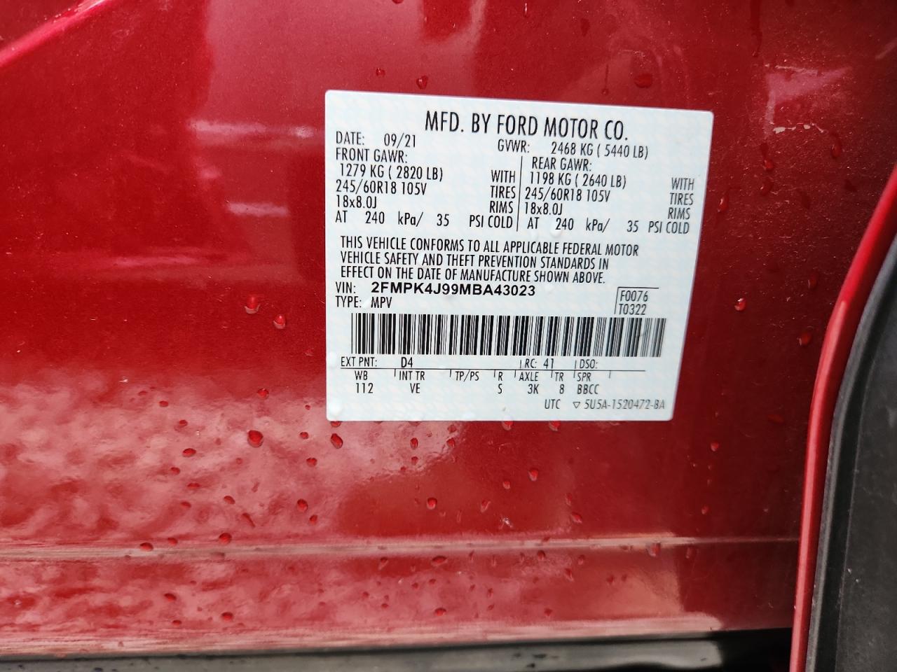 2021 Ford Edge Sel VIN: 2FMPK4J99MBA43023 Lot: 69516425