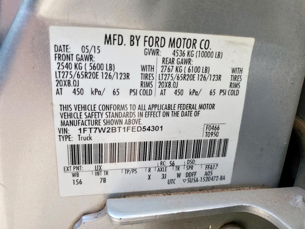 2015 Ford F250 Super Duty VIN: 1FT7W2BT1FED54301 Lot: 70043095