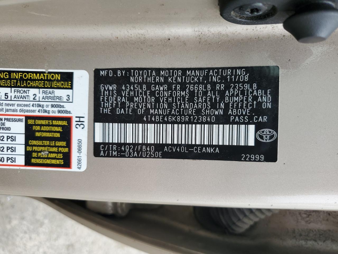 2009 Toyota Camry Base VIN: 4T4BE46K89R123840 Lot: 67232765