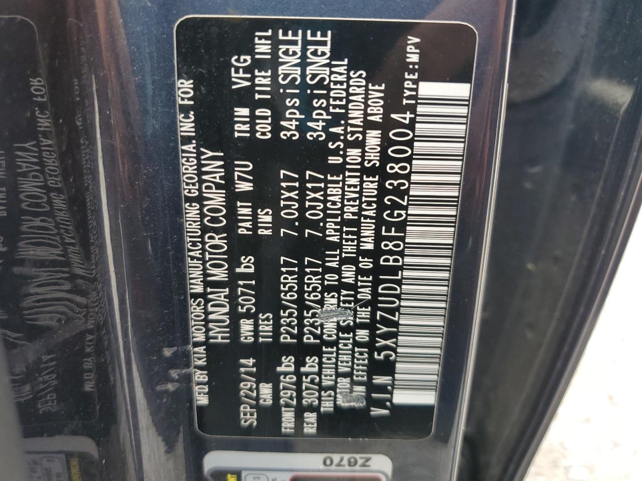 2015 Hyundai Santa Fe Sport VIN: 5XYZUDLB8FG238004 Lot: 70085345