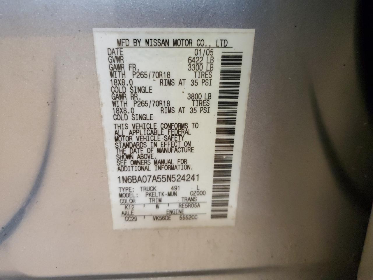 2005 Nissan Titan Xe VIN: 1N6BA07A55N524241 Lot: 68313175