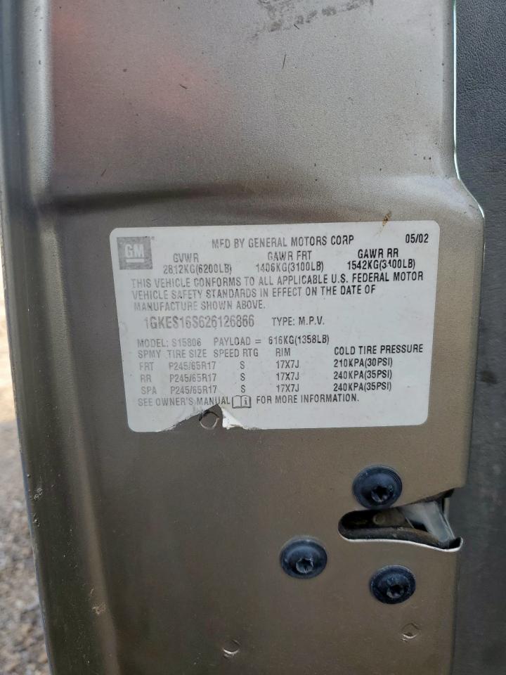 2002 GMC Envoy Xl VIN: 1GKES16S626126866 Lot: 70046045