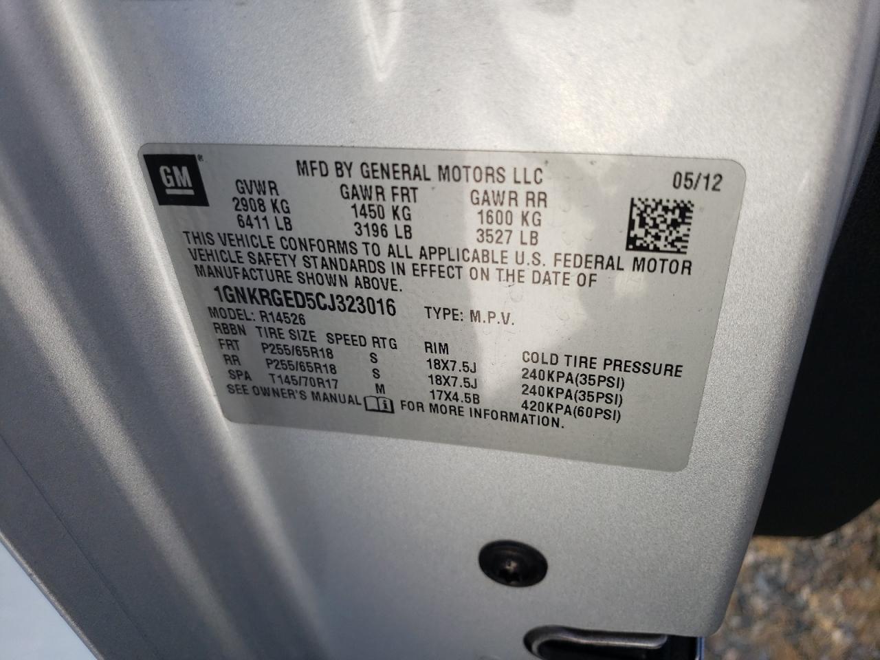 2012 Chevrolet Traverse Lt VIN: 1GNKRGED5CJ323016 Lot: 70042925