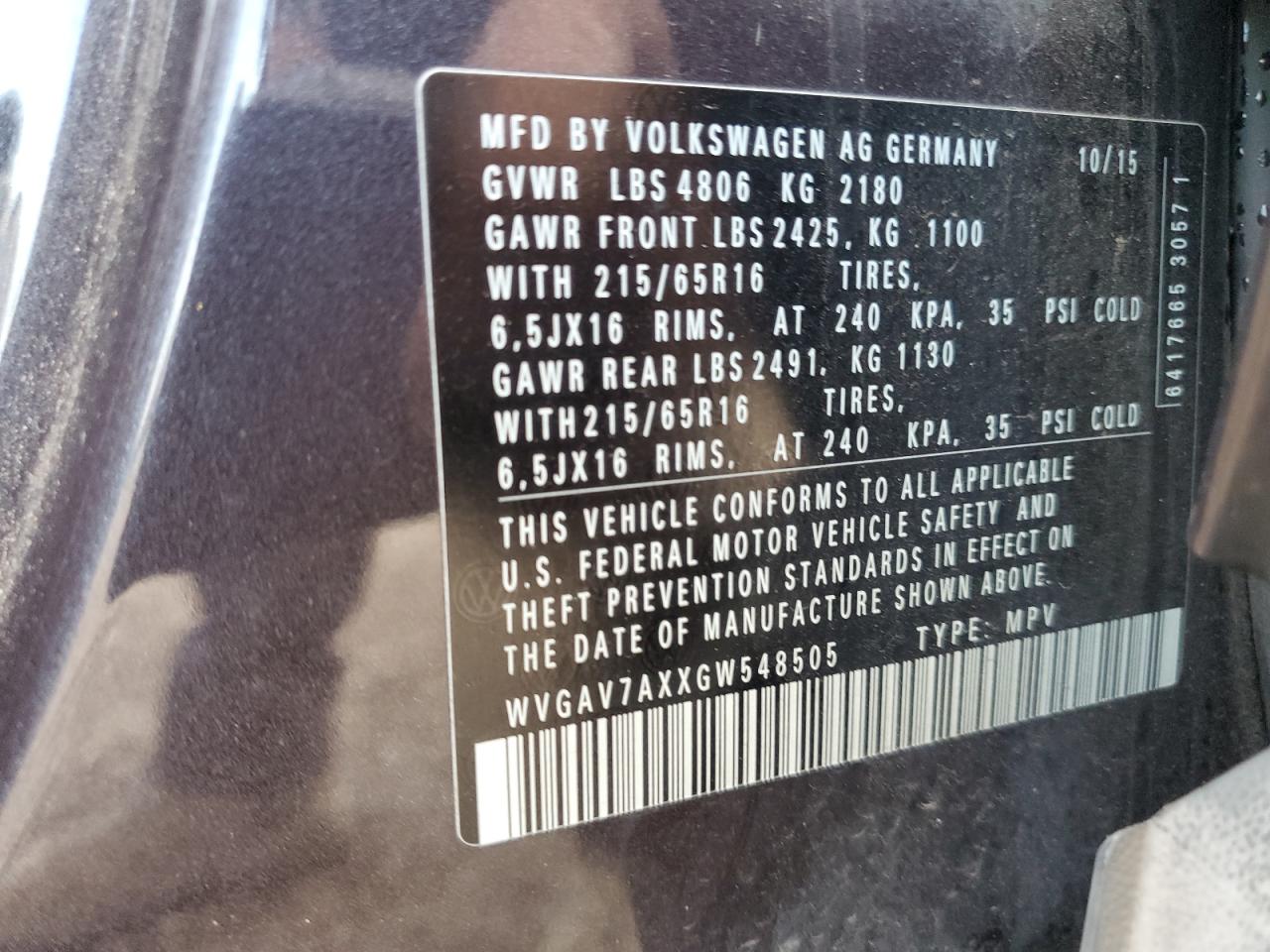 2016 Volkswagen Tiguan S VIN: WVGAV7AXXGW548505 Lot: 70166845