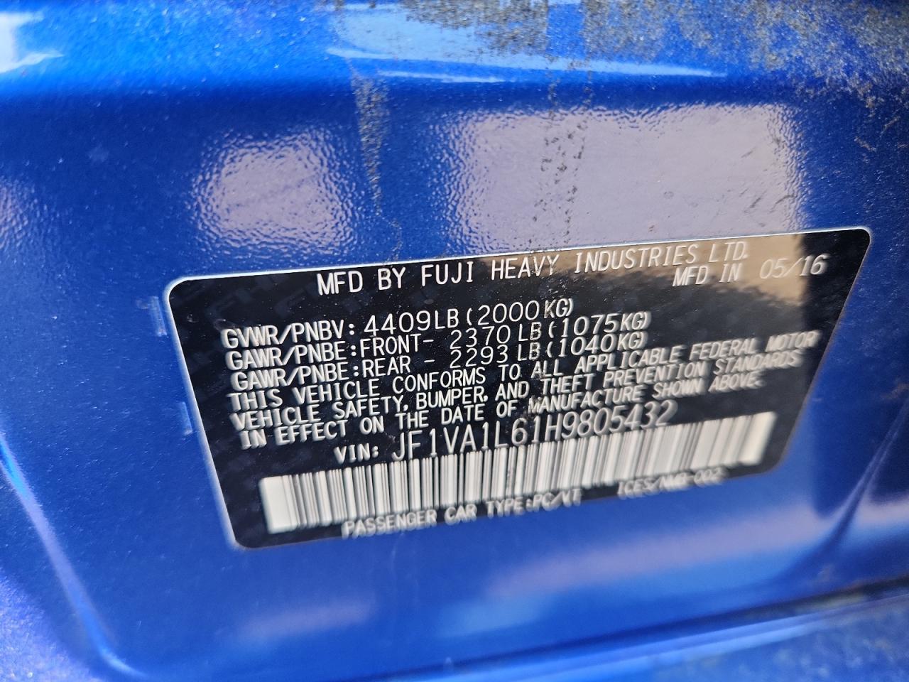 2017 Subaru Wrx Limited VIN: JF1VA1L61H9805432 Lot: 68220195