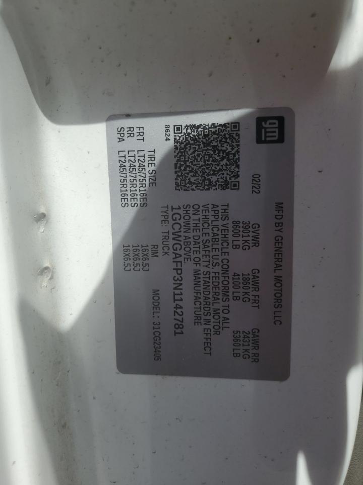 2022 Chevrolet Express G2500 VIN: 1GCWGAFP3N1142781 Lot: 68951655