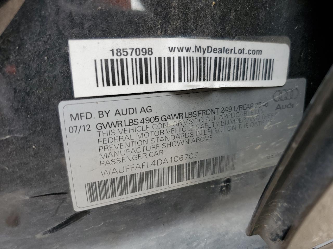 2013 Audi A4 Premium Plus VIN: WAUFFAFL4DA106707 Lot: 69658615