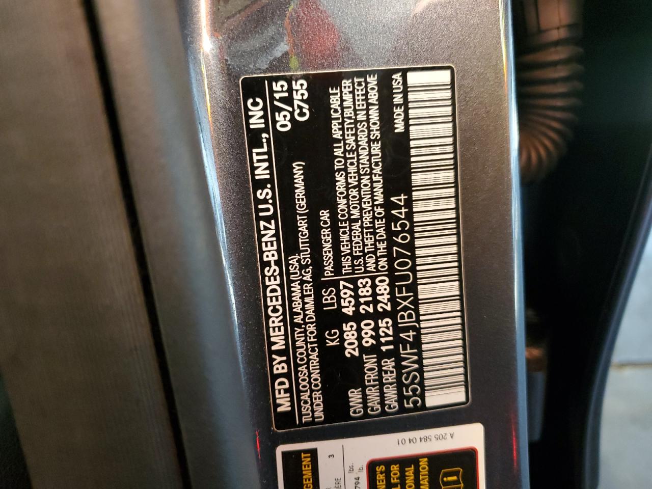 2015 Mercedes-Benz C 300 VIN: 55SWF4JBXFU076544 Lot: 70415675