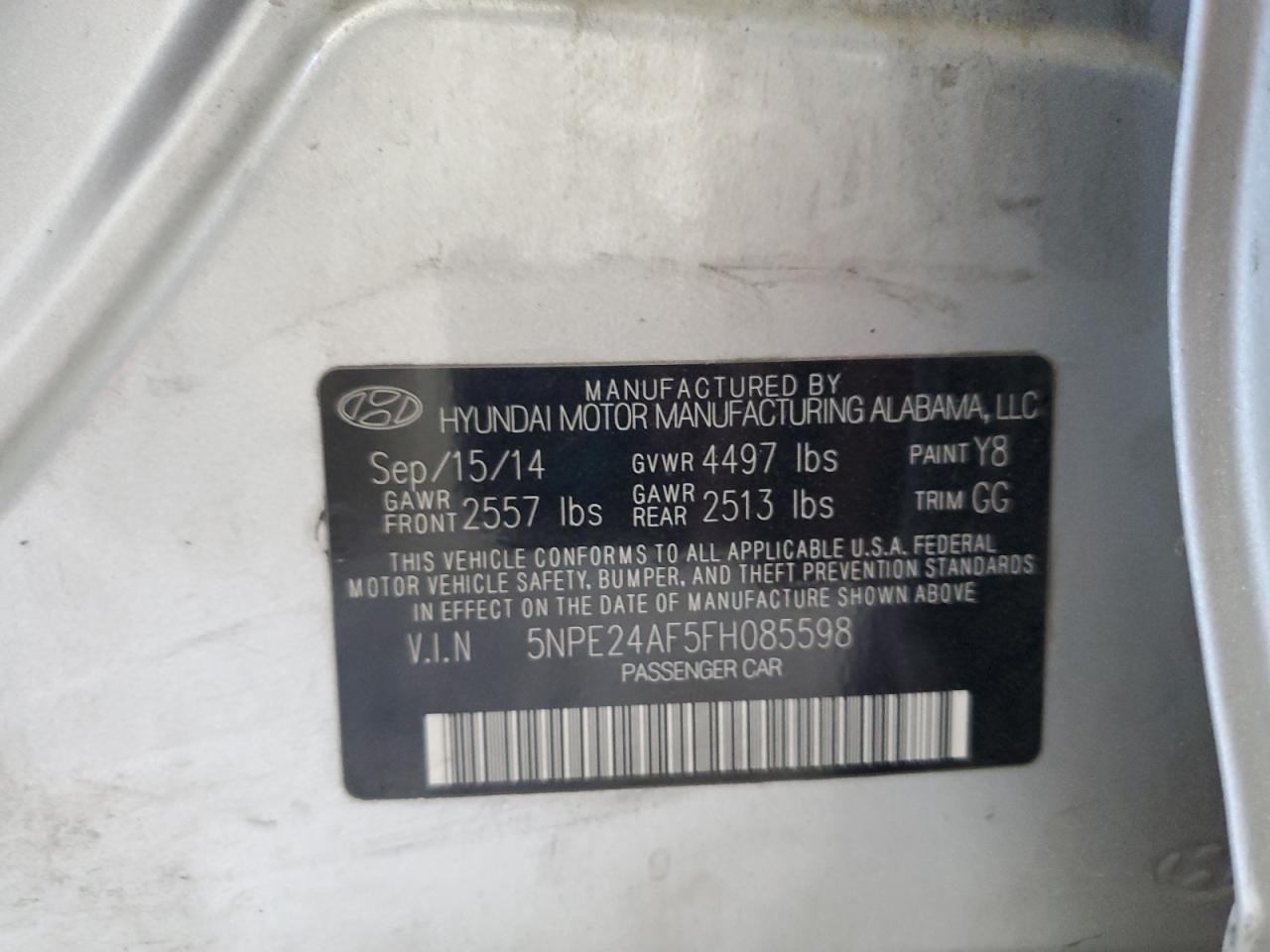 2015 Hyundai Sonata Se VIN: 5NPE24AF5FH085598 Lot: 70637345