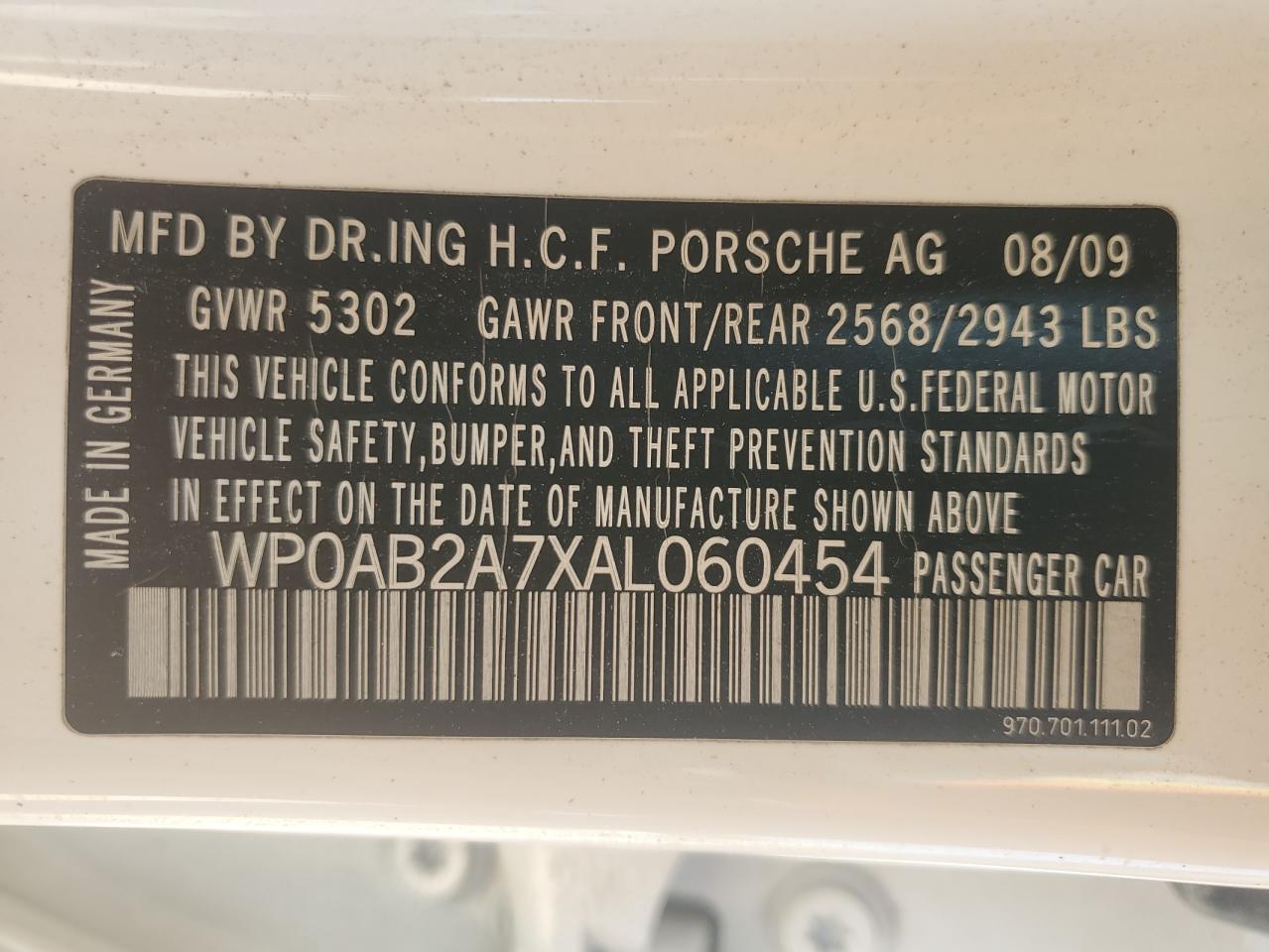 2010 Porsche Panamera S VIN: WP0AB2A7XAL060454 Lot: 69190375