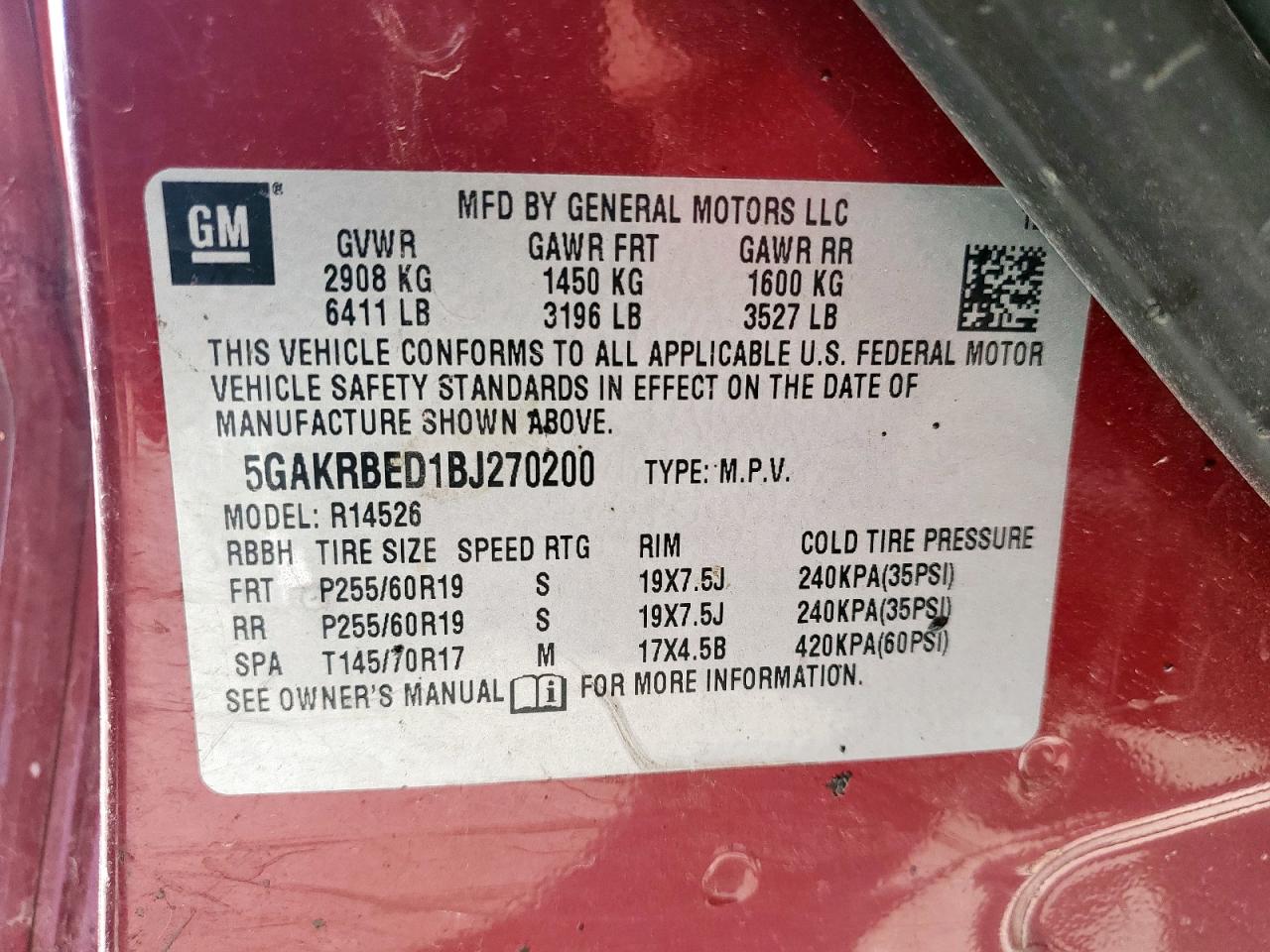 2011 Buick Enclave Cxl VIN: 5GAKRBED1BJ270200 Lot: 66314605