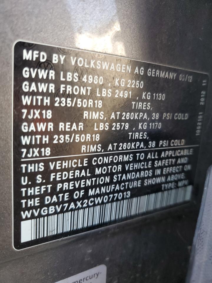 2012 Volkswagen Tiguan S VIN: WVGBV7AX2CW077013 Lot: 66676845