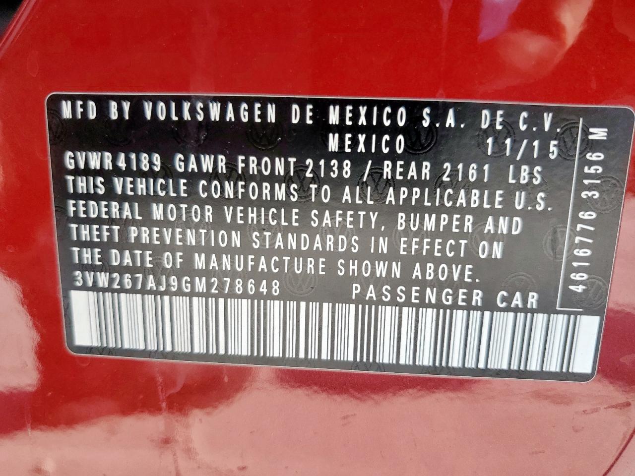 2016 Volkswagen Jetta S VIN: 3VW267AJ9GM278648 Lot: 69610465