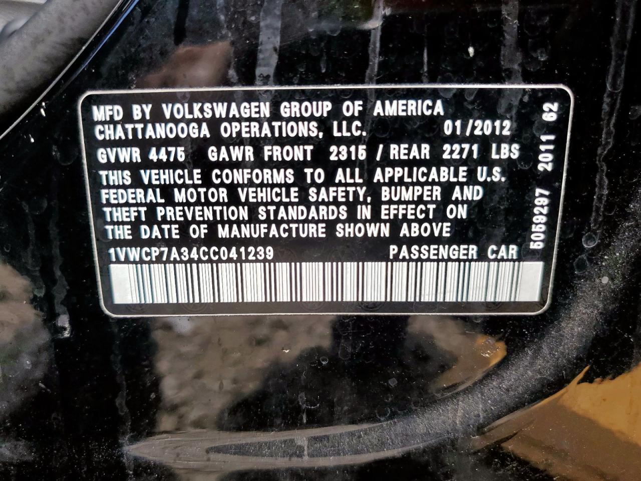 2012 Volkswagen Passat Sel VIN: 1VWCP7A34CC041239 Lot: 70485095