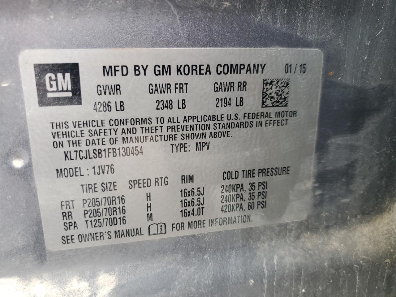 2015 Chevrolet Trax 1Lt VIN: KL7CJLSB1FB130454 Lot: 70093955