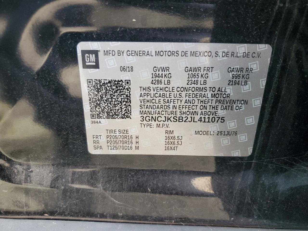 2018 Chevrolet Trax Ls VIN: 3GNCJKSB2JL411075 Lot: 70657615