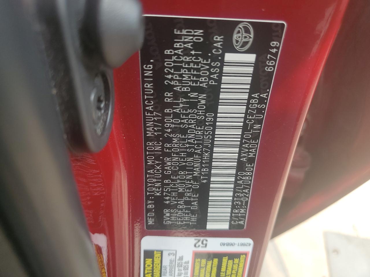 4T1B11HK7JU550190 2018 Toyota Camry L