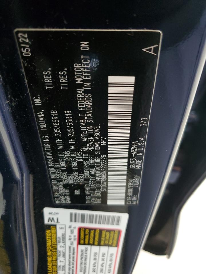 2022 Toyota Highlander Xle VIN: 5TDGZRBH9NS222326 Lot: 69520445