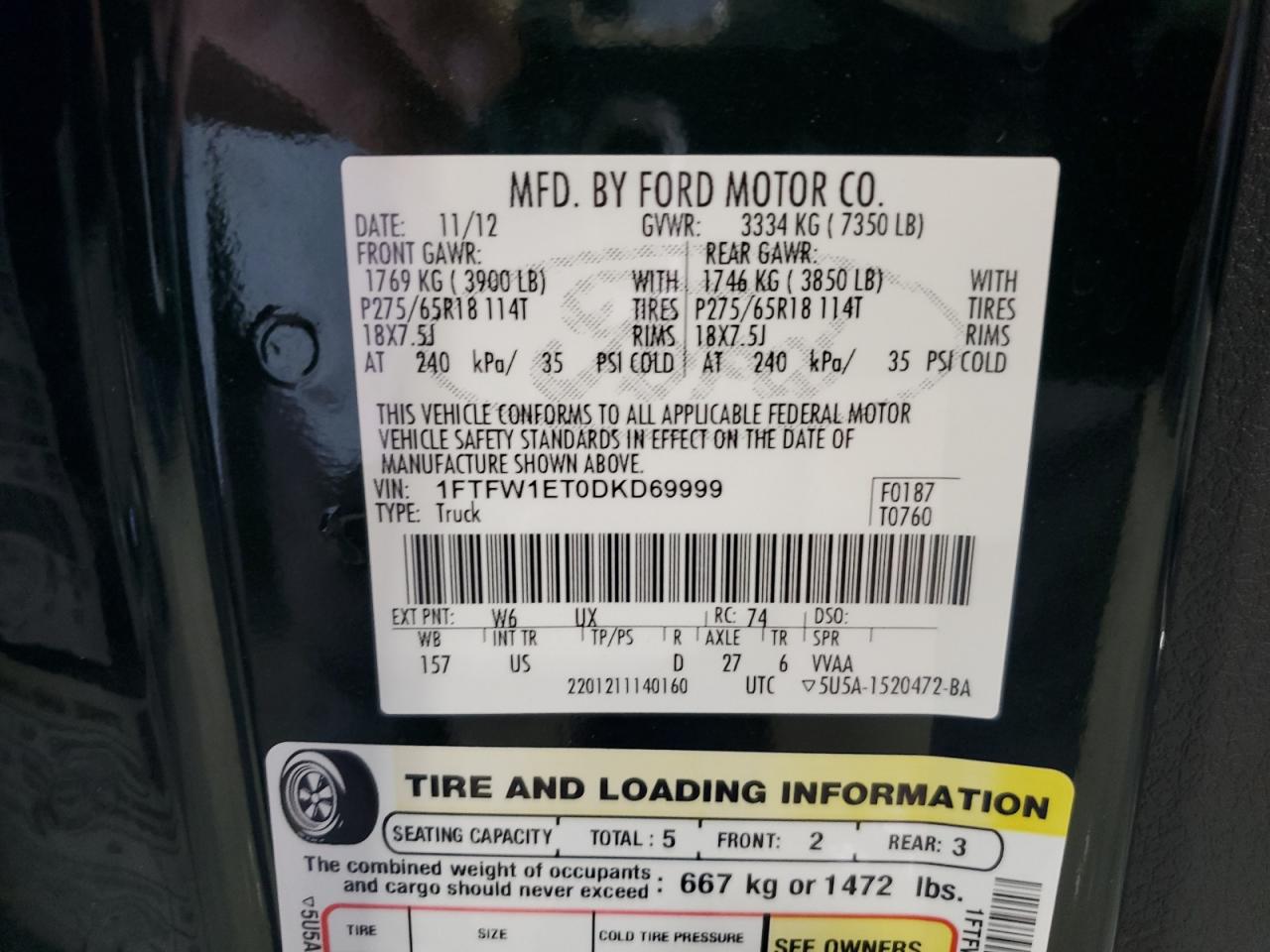 2013 Ford F150 Supercrew VIN: 1FTFW1ET0DKD69999 Lot: 68593115