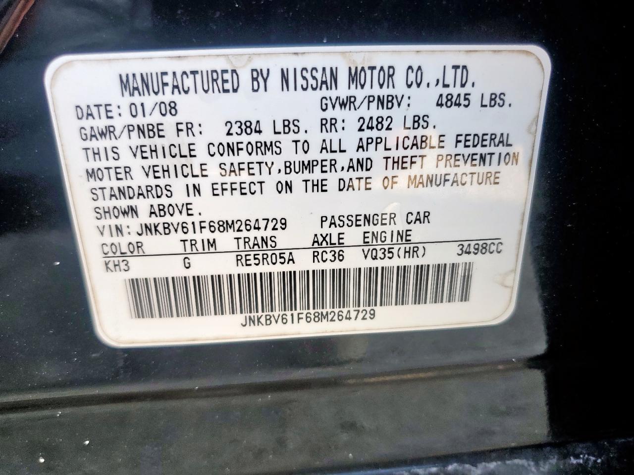 2008 Infiniti G35 VIN: JNKBV61F68M264729 Lot: 70503215