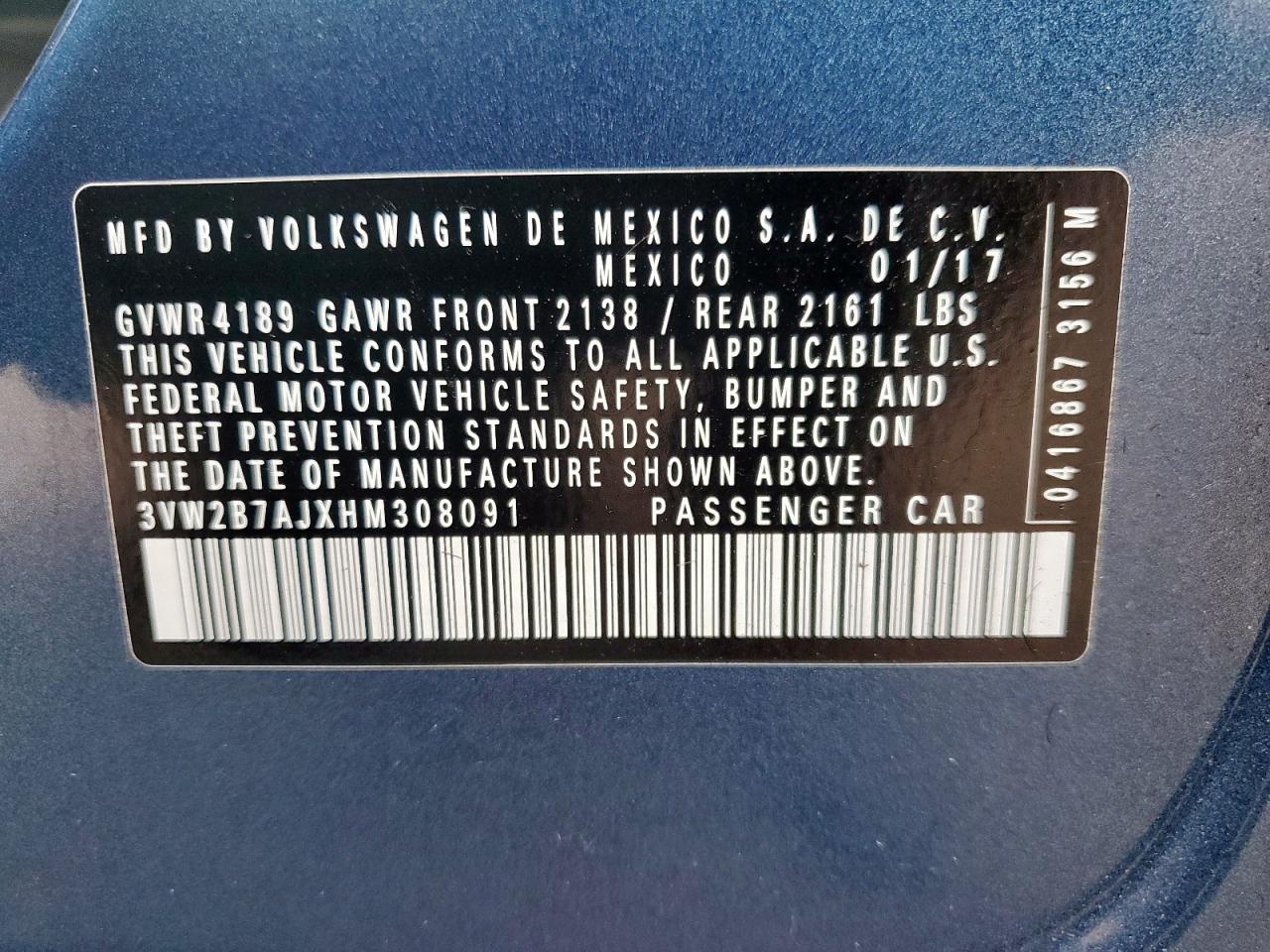 2017 Volkswagen Jetta S VIN: 3VW2B7AJXHM308091 Lot: 67223845