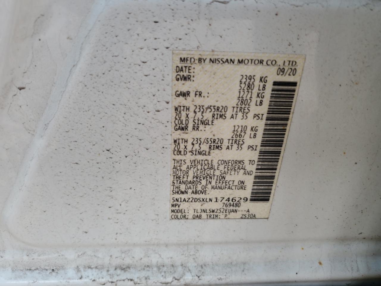 2020 Nissan Murano Platinum VIN: 5N1AZ2DSXLN174629 Lot: 66886085