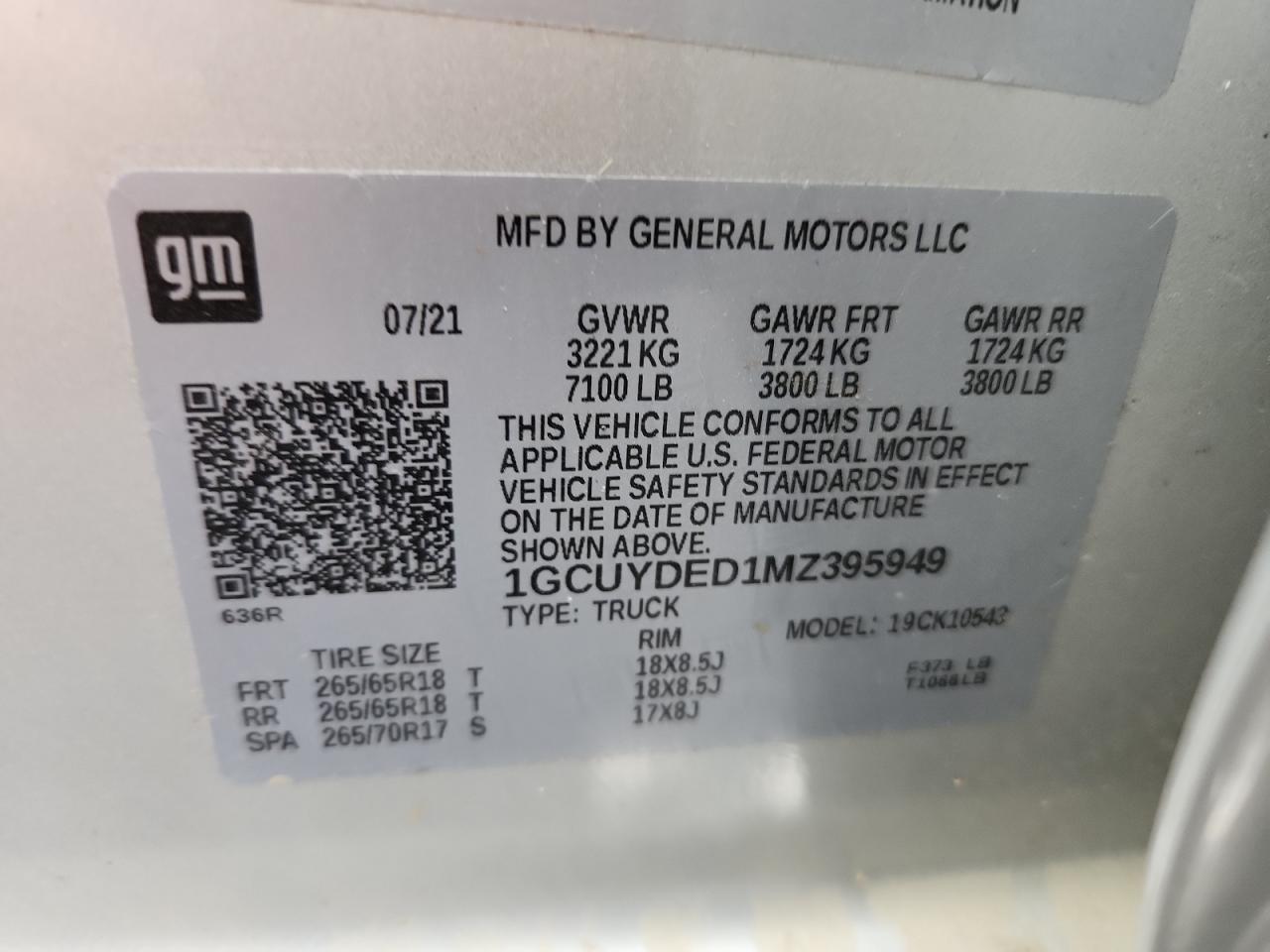 2021 Chevrolet Silverado K1500 Lt VIN: 1GCUYDED1MZ395949 Lot: 70041445