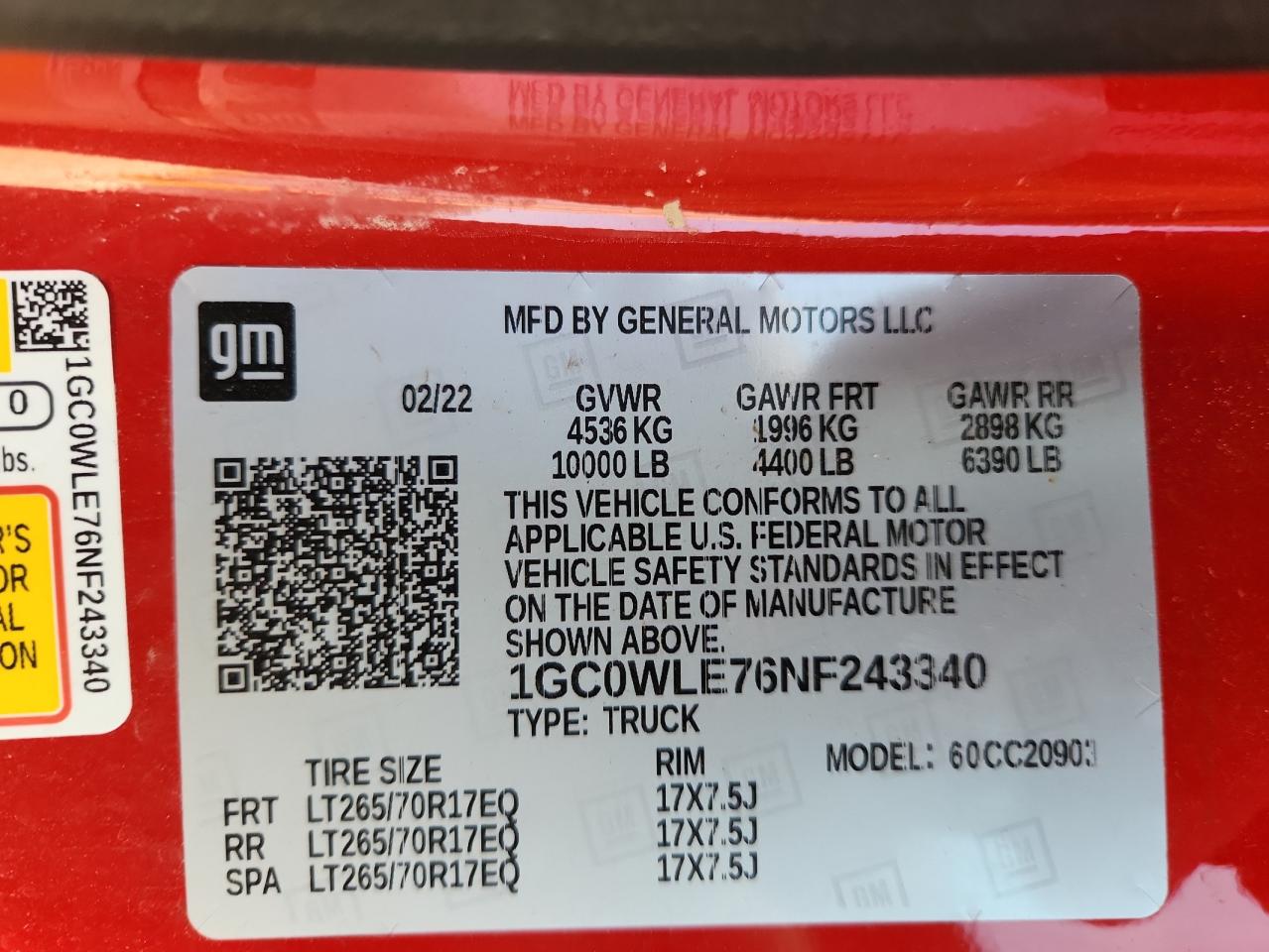 2022 Chevrolet Silverado C2500 Heavy Duty VIN: 1GC0WLE76NF243340 Lot: 68963685