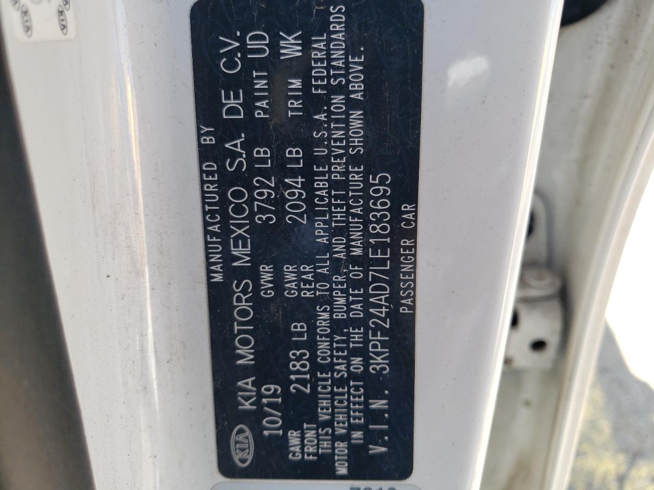 2020 Kia Forte Fe VIN: 3KPF24AD7LE183695 Lot: 69699515