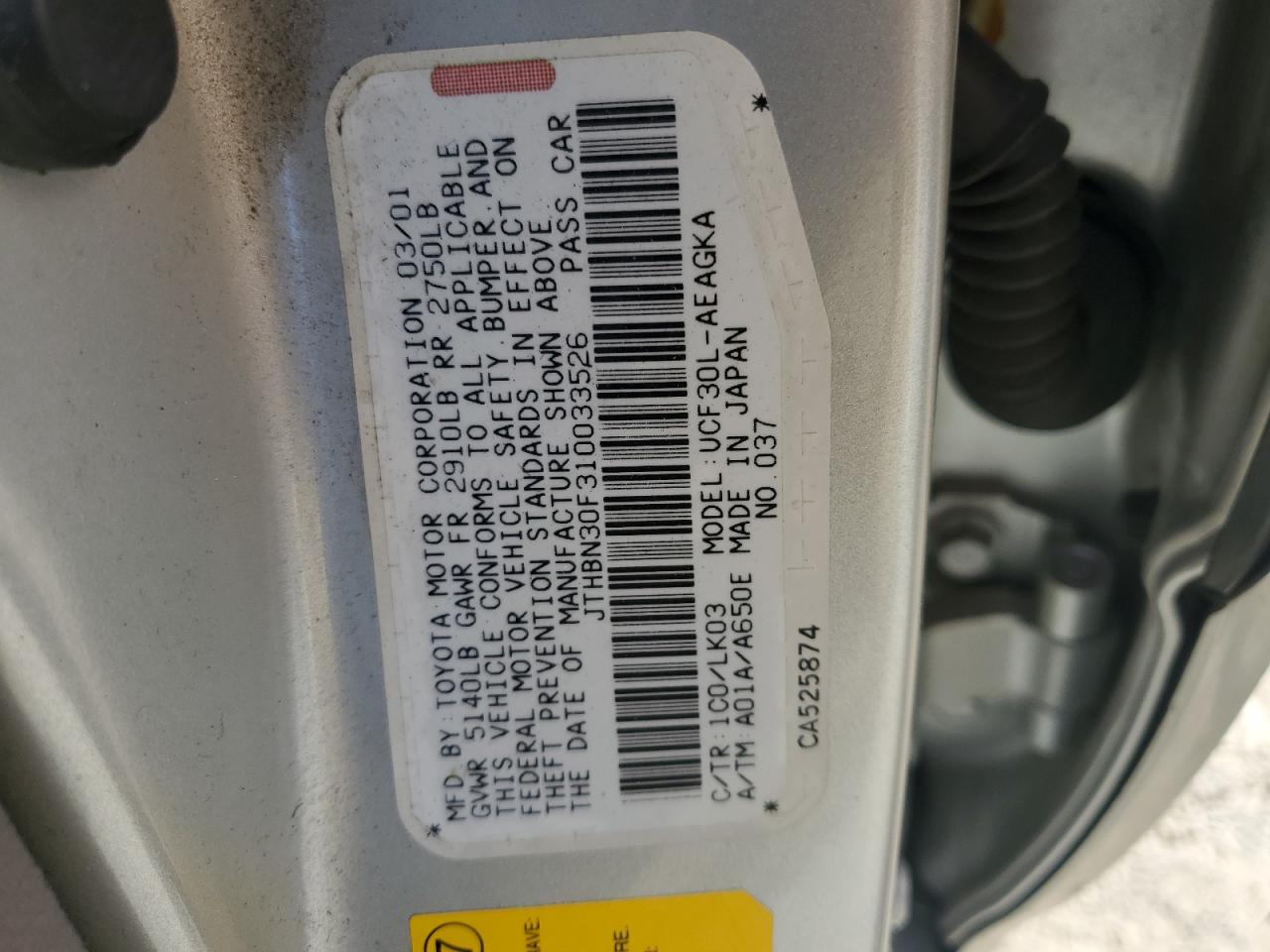 2001 Lexus Ls 430 VIN: JTHBN30F310033526 Lot: 70879025