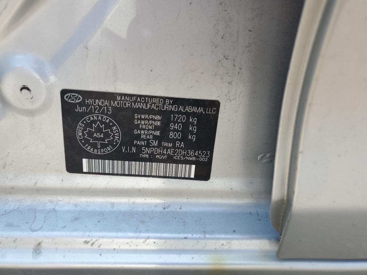 2013 Hyundai Elantra Gls VIN: 5NPDH4AE2DH364523 Lot: 66665225