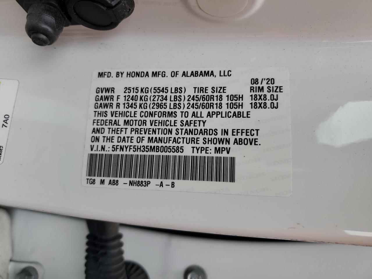 2021 Honda Pilot Ex VIN: 5FNYF5H35MB005585 Lot: 70734155