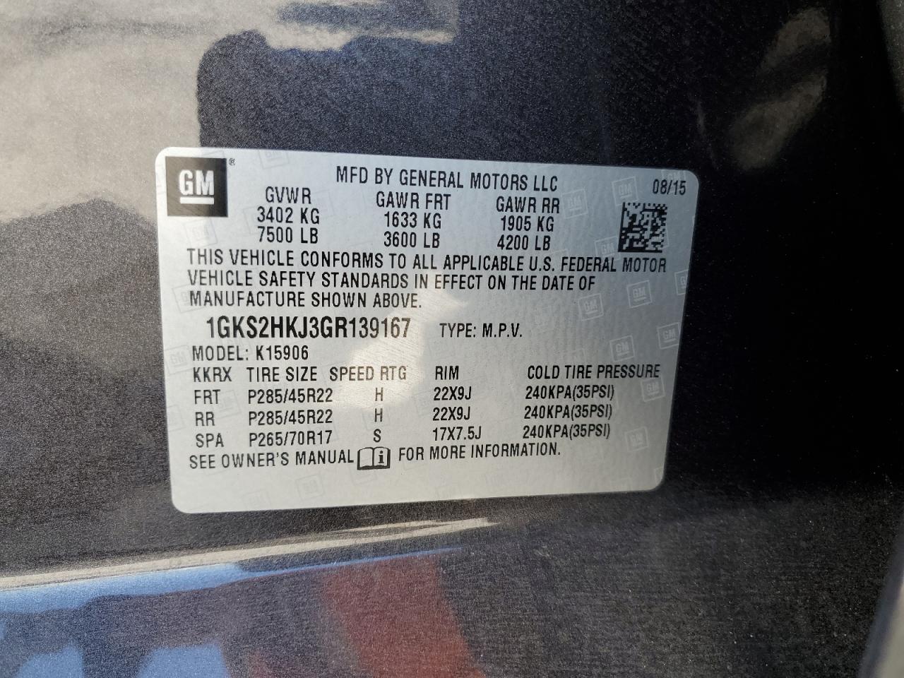 2016 GMC Yukon Xl Denali VIN: 1GKS2HKJ3GR139167 Lot: 68927095