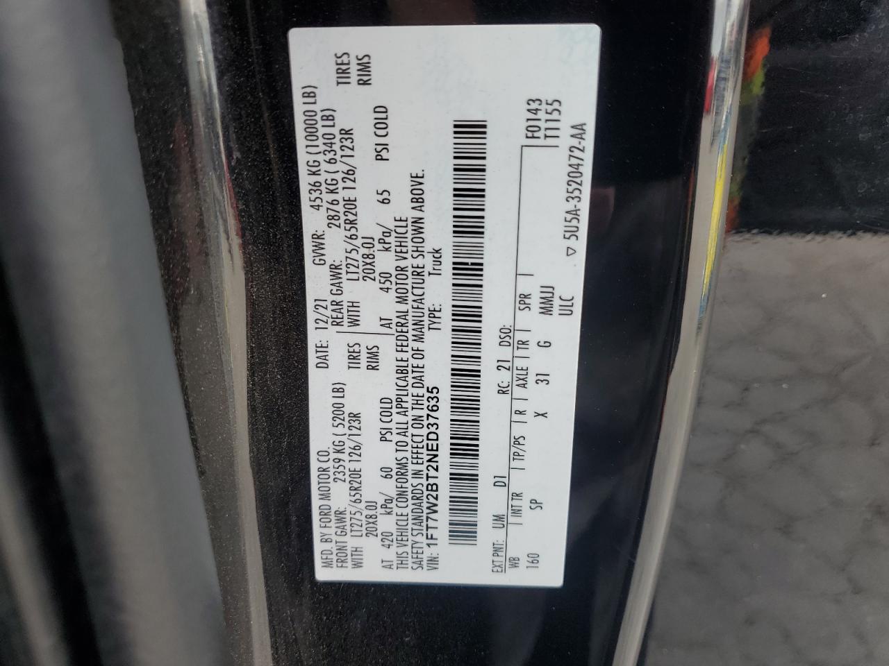 2022 Ford F250 Super Duty VIN: 1FT7W2BT2NED37635 Lot: 67558035