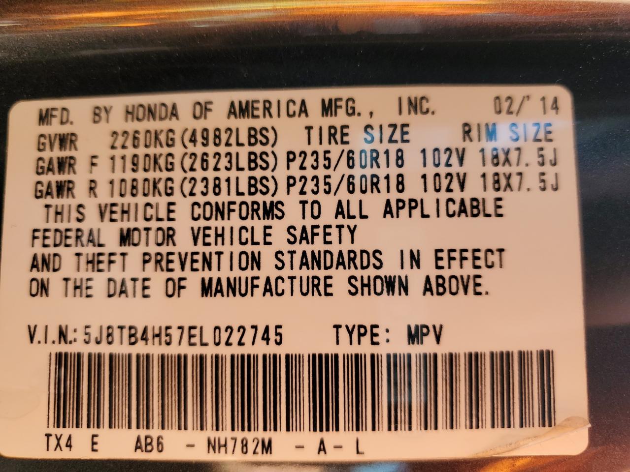 2014 Acura Rdx Technology VIN: 5J8TB4H57EL022745 Lot: 68356875