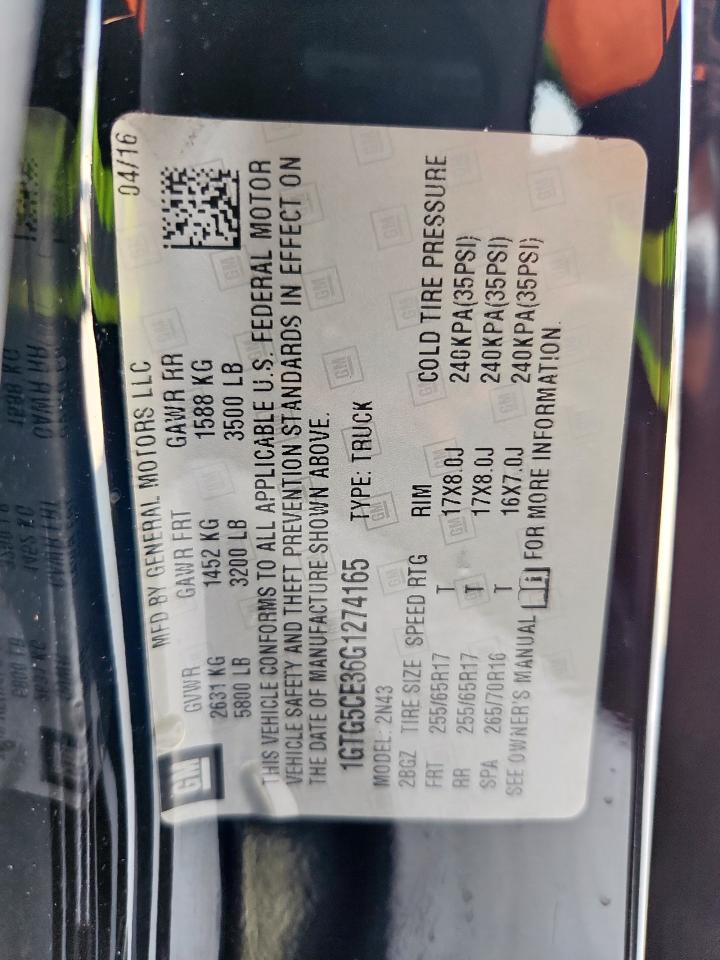 2016 GMC Canyon Sle VIN: 1GTG5CE36G1274165 Lot: 70255735