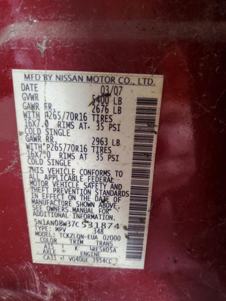 2007 Nissan Xterra Off Road VIN: 5N1AN08W37C531874 Lot: 69633195