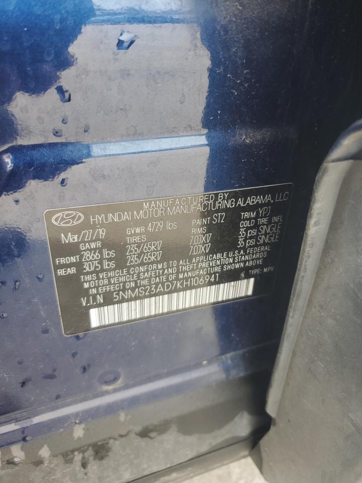 2019 Hyundai Santa Fe Se VIN: 5NMS23AD7KH106941 Lot: 68998955