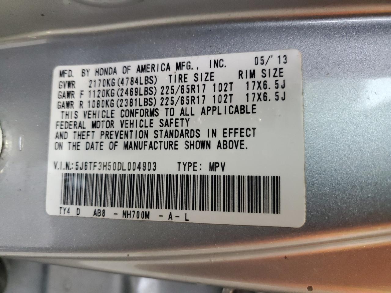 2013 Honda Crosstour Exl VIN: 5J6TF3H50DL004903 Lot: 68269895