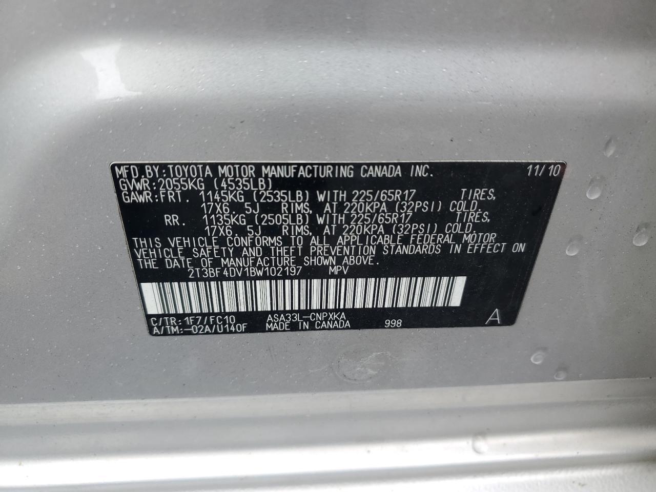 2011 Toyota Rav4 VIN: 2T3BF4DV1BW102197 Lot: 69945665